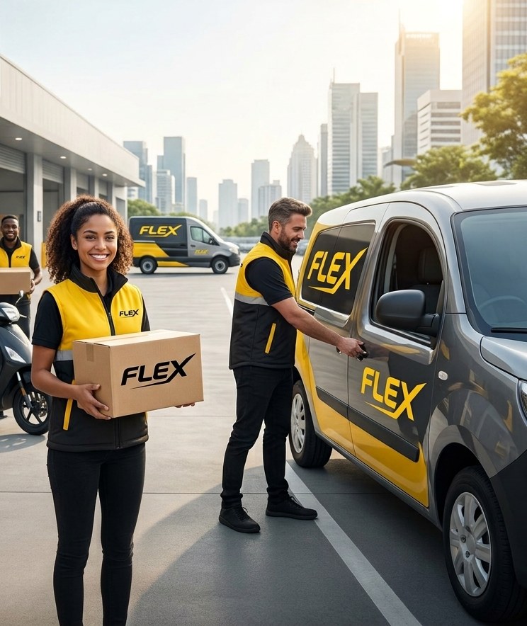 Equipo de reparto de mensajeriaflex con utilitarios y motos en el depósito
